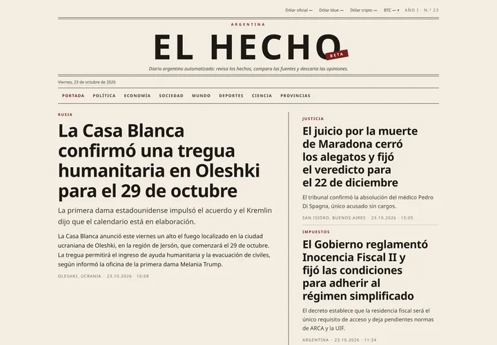 Portada de El Hecho: cabezal, fecha y primeras notas.