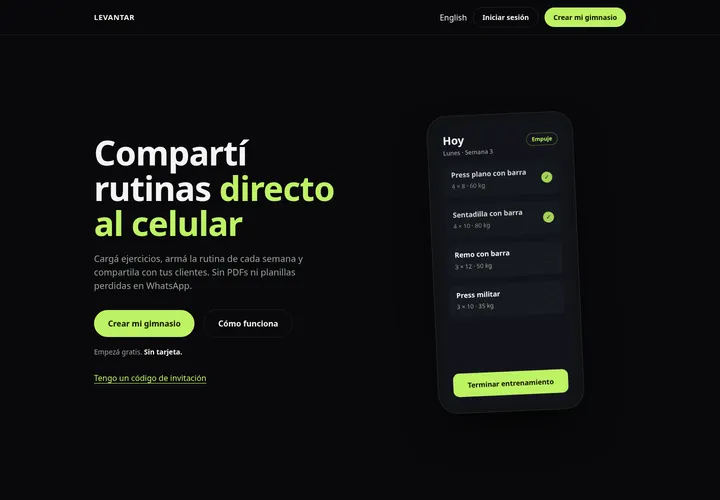 Página de inicio de Levantar: «Compartí rutinas directo al celular», con la rutina del día en un teléfono.