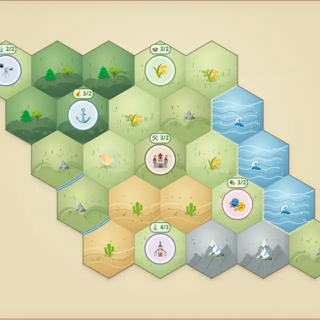Tablero de hexágonos con bosques, campos, río, desierto y montañas.